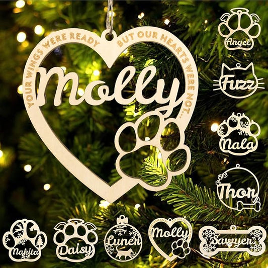 Personalized Dog Cat Paw Ornament Christmas, Custom Pet's Name Ornament, Customized Wooden Heart Shaped Dog Paw Ornaments for Christmas Tree