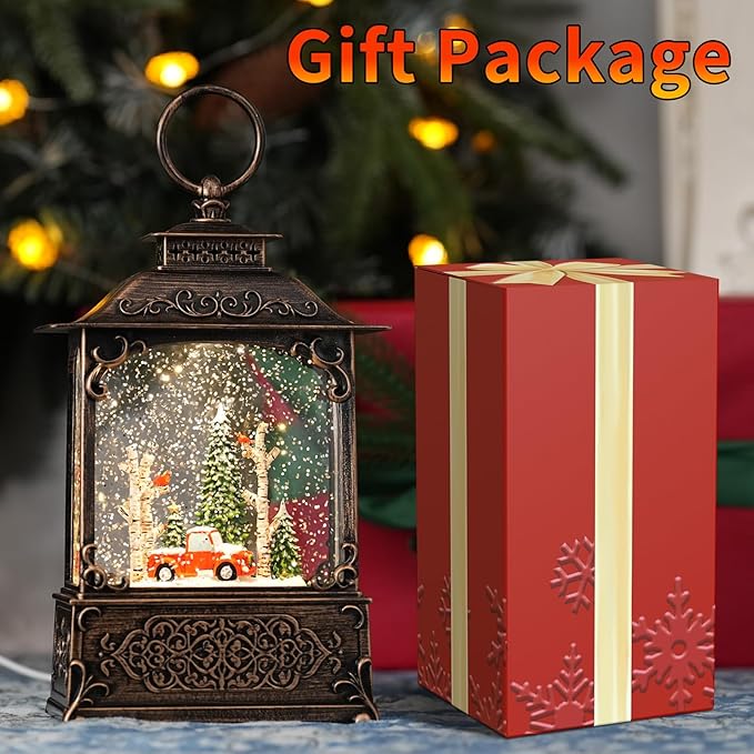 Christmas Snow Globes with Red Truck, Light Up Snow Globes with Music Timer - USB Plug or Battery Operated Glitter Globe Indoor Christmas Decorations