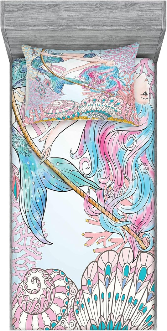 Ambesonne Mermaid Fitted Sheet & Pillow Sham Set, Cartoon Woman in Sea Sirens of Greek Myth Female Human Tail of Fish Image, Decorative Printed 2 Piece Bedding Decor Set, Twin, Pink Navy