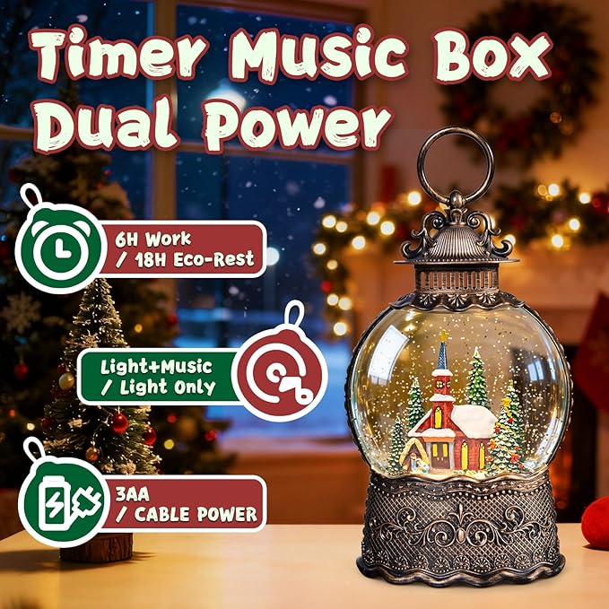 Christmas Snow Globes Lantern, Church and Christmas Tree Christmas Decorations Indoor, 6H Timer Battery & USB Powered Light Up Musical Snow Globes for Kids Women Adults Gift Thanksgiving Home Decor