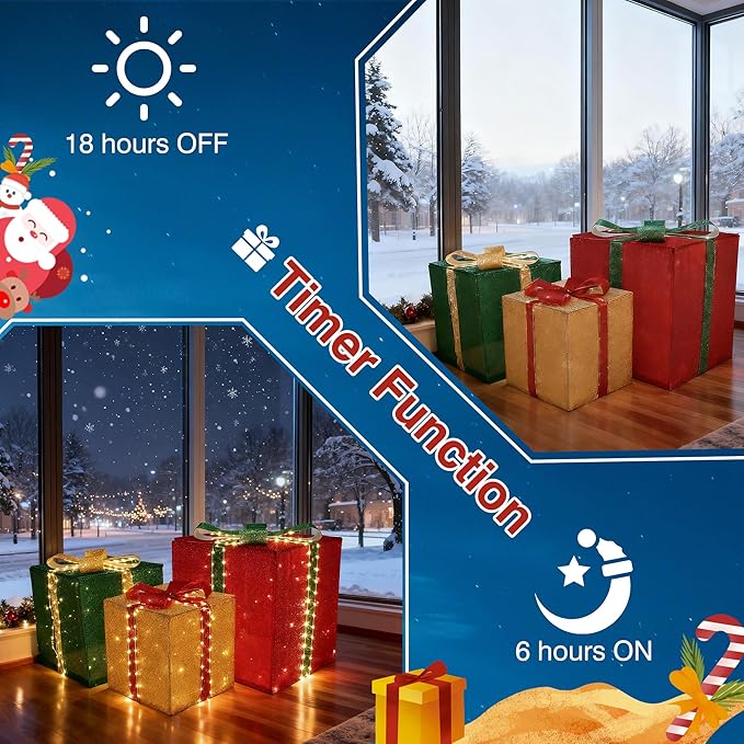 4.9FT Set of 3 Large Christmas Lighted Gift Boxes - 131 LEDs Pre Lit Presents Christmas Boxes Tower with Different Sizes for Holiday Indoor Outdoor Decoration (23.6+19.7+15.7 Inch)