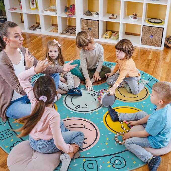 ABC Alphabet Rug for Kids, Classroom Playmat 6ft Non-Slip Circle Rugs for playroom, Round Area Rug for Elementary Classroom, Play Carpet for Boys Girls Bedrooms Playroom,Nursery Rugs-Blue or Black
