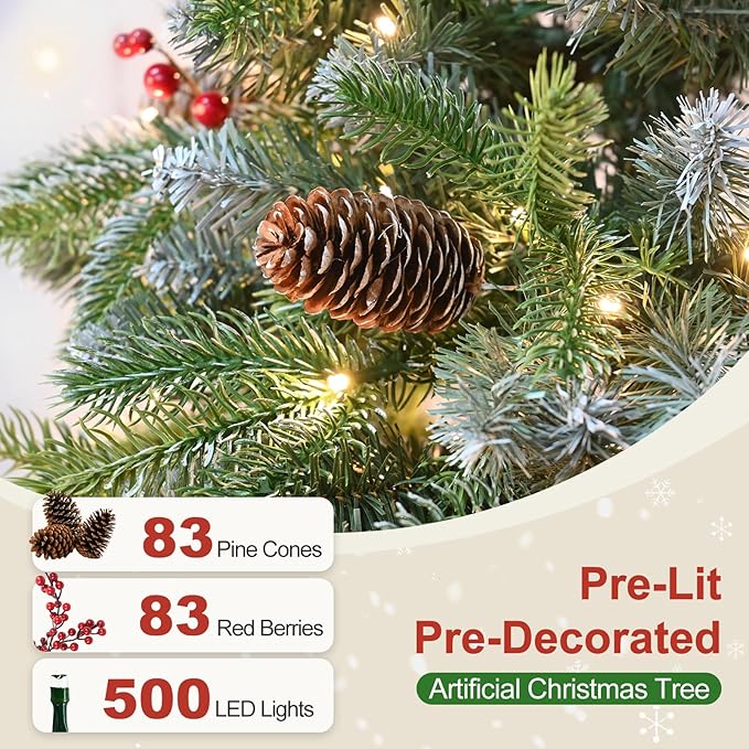 7.5Ft Pre-Lit Artificial Christmas Tree Fully Pre-Decorated with 2514 Flocked Frosted Tips, 83 Berries, 83 Pine Cones, 500 Lights, Realistic Xmas Tree with Metal Hinges& Floded Stand