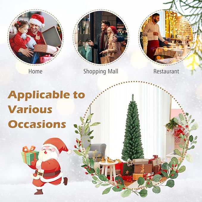 GOFLAME 5FT Pencil Christmas Tree, Slim Artificial Xmas Tree with 295 Memory Wire Branch Tips & Upgraded Metal Stand, Seasonal Holiday Decoration Tree for Home Office Party