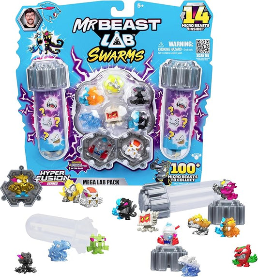 MRBEAST LAB Swarms Series 3, Hyper Fusion Series, 14 Pack Collectible Micro Beasts, 14 Collectible Stickers & 4 Fusion Caps to Build Out Your Own Steel Slushee