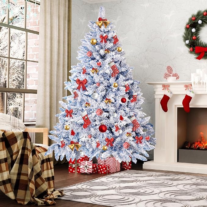 SUNCROWN 6ft Artificial Flocked Christmas Tree Premium Frosted Snow Christmas Tree Hinged Xmas Tree Holiday Decor for Indoor Outdoor, Foldable Metal Stand, 1000 Branch Tips, Dark Blue