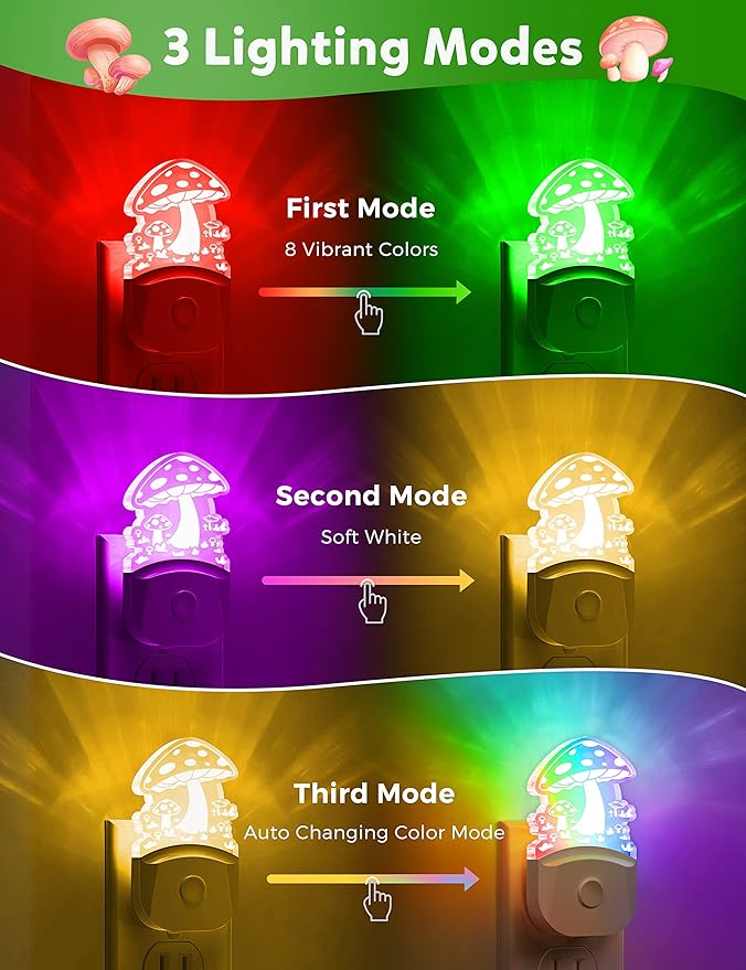 Mushroom Night Light [2 Pack], Plug in Lamp, 8 Color Changing LED Night Lights for Adults Kids Baby Children NightLight Wall Mushroom Decor Lamp for Bedroom Bathroom,Toilet,Stairs,Kitchen,Hallway
