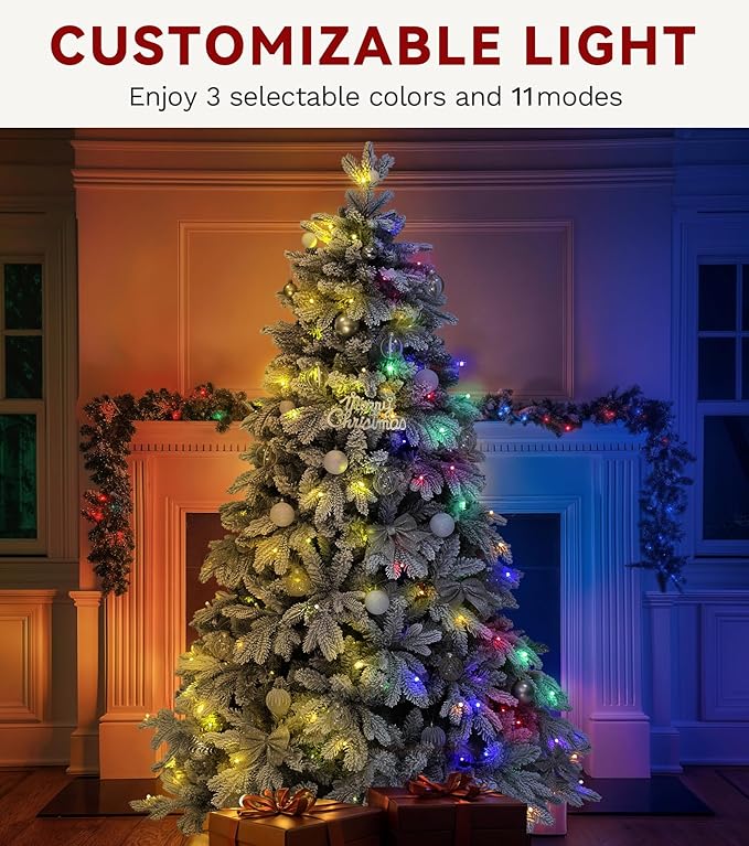 DWVO 6ft Pre-Lit Snow Flocked Artificial Christmas Tree, Luxurious Canaan Fir Design with 1225 PE & PVC Branch Tips, 260 Lights for Colorful Home and Office Holiday Decoration