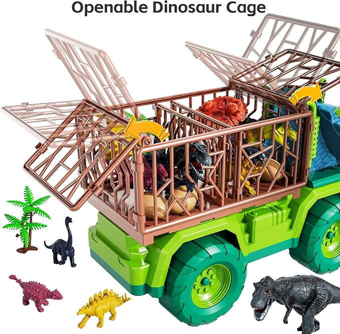 TEMI Dinosaur Truck Toy for Kids 3-5 Years, Triceratops Transport Car Carrier with 8 Dino Figures, Activity Play Mat, Dino Eggs and Trees, Capture Jurassic Dinosaurs Play Set for Boys and Girls