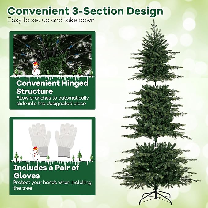 Goplus 7.5ft Pre-Lit Artificial Christmas Tree, Hinged Xmas Tree with 1162 PVC & PE Tips, 380 Multicolored & Warm White LED Lights, 11 Modes, Remote Control, Metal Stand, Home Office Decoration