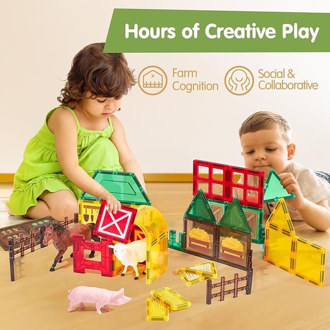COCO&Friends Magnetic Tiles Farm Animals for Toddlers Kids Ages 2-8 - Magnetic Blocks Building STEM Toys for 3 Year Old Girl Boy Birthday Gift - Montessori Educational Construction Sensory Magnet Toys