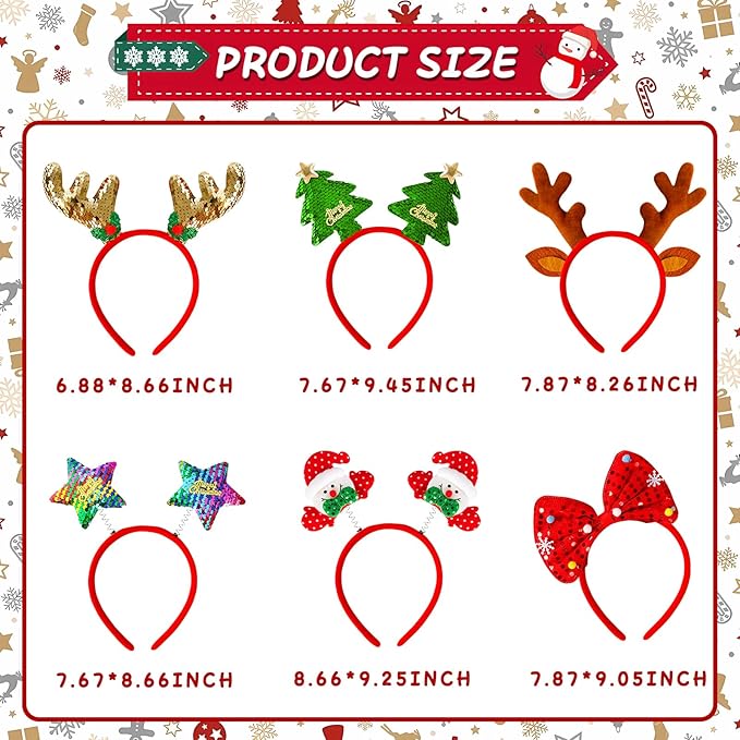 MGparty 16 pcs Christmas Headbands Christmas Parties Favors Decoration Supplies Xmas Gifts Photo Booth Xmas Tree Snowman Reindeer Antlers Santa Hat