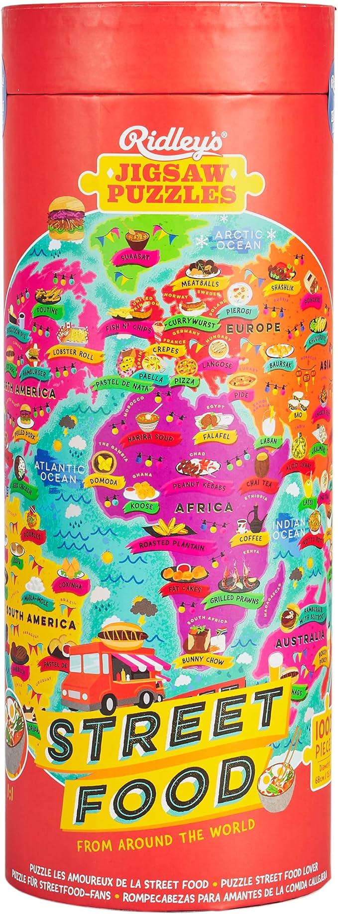 Ridley's Street Food Lover’s 1,000-Piece Jigsaw Puzzle – Circular Food Puzzle with Informational Image About Different Country’s Food, Sturdy Storage Tube Included – Activity Puzzle