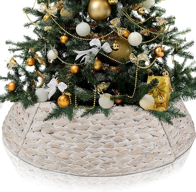 Christmas Tree Collar 24'' D Handmade Hyacinth Tree Collar Basket Rattan Wicker Christmas Woven Tree Ring Stand Base Cover for Christmas Holiday Decoration-White Washed