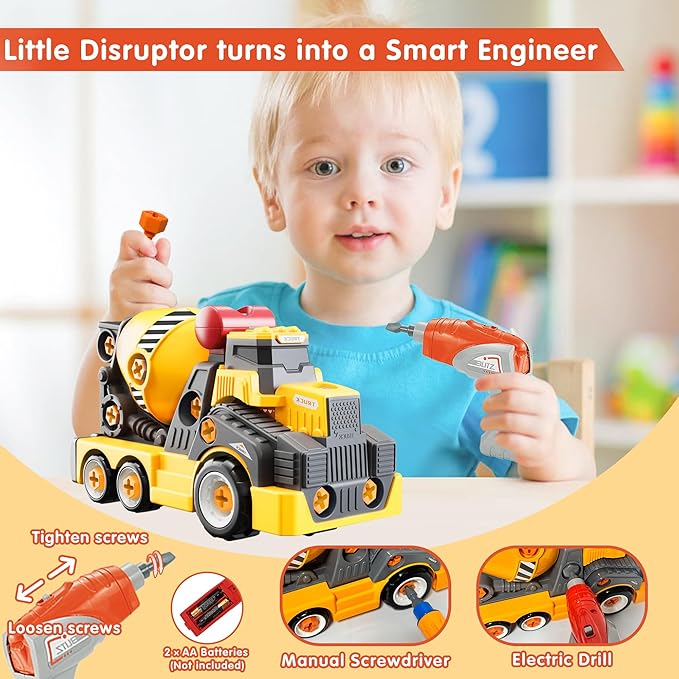 11inches Large Take Apart Cement Mixer Trucks Construction Toys for Boys Girls Kids 3-5 6-8 Year Old Electric Drill Set Assembly Building Toys