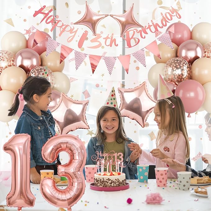 13th Birthday Decorations for Girls, Retro Pink Number 13 Balloon Set Happy 13th Birthday Banner Cake Topper Dusty Pink Beige Nude Rosegold Star Balloons for Boho 13 Year Old Bday Party Decoration