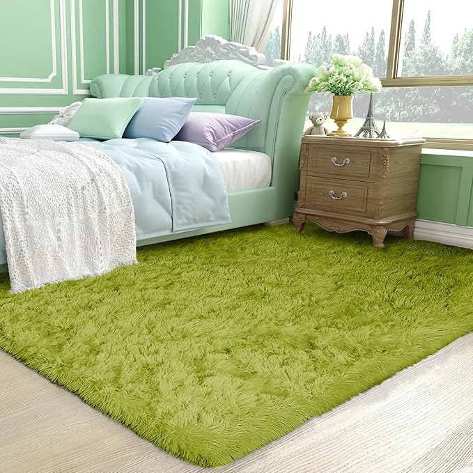 Ophanie Green Rug Grass Area Rugs for Bedroom, 4x6 Shag Fluffy Carpet, Fuzzy Furry Plush Soft Cute Kids Baby Girls Shaggy Bedside Indoor Floor Carpets for Teen Dorm Home Decor Aesthetic, Nursery
