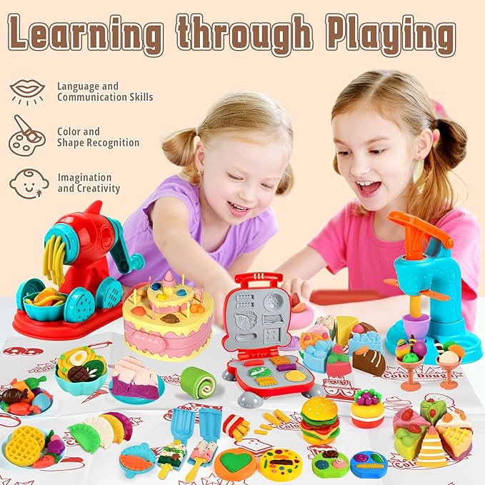 4 in 1 Dough Sets 70 PCS for Kids Ages 4-8, Dough Tools Kit with Ice Cream Noodle Hamburger Cake Maker Machine, Kitchen Creations Art Crafts Food Play Toys for Boys Girls Ages 3+