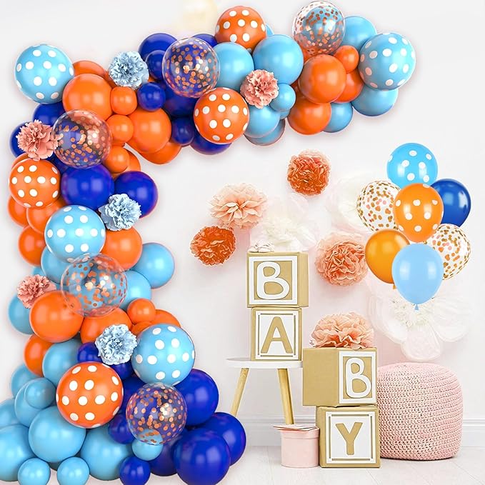 Paready Blue and Orange Balloon Arch Kit, 113Pcs Royal Blue Balloon Garland Light Blue and Orange Polka Dot Party Balloons Confetti Balloons for Birthday Party Baby Shower Wedding