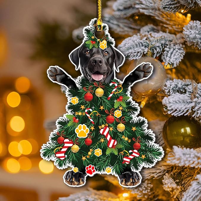 2025 Black Labrador Retriever Dog Christmas Ornament - Adorable Dog Dressed as a Christmas Tree - Fun and Festive Acrylic Decoration (Black Labrador Retriever Tree)