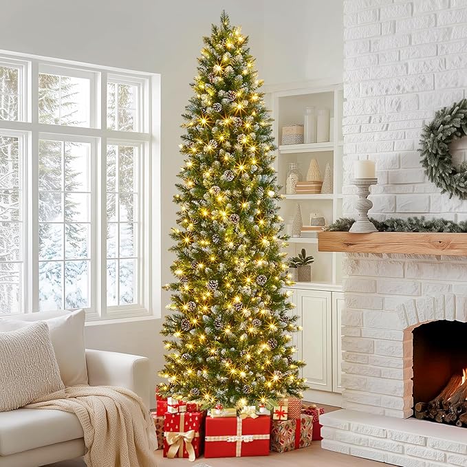 GAOMON Slim Artificial Christmas Tree, 7.5ft Pre-lit with 600 Warm White Lights, Pre-Decorated 84 Pine Cones & 900 Flocked Tips, for Home Office Party Decor (Xmas, New Years) Includes Metal Stand