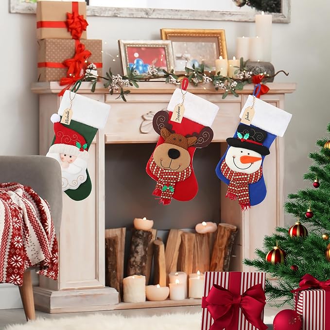 Christmas Stocking,21 inch Christmas Stockings with Wood Name Tag,3D Santa Christmas Stocking,for Family Holidays and Christmas Tree Fireplace Decoration(Green)