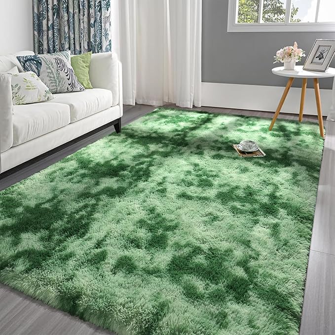 Pettop Fluffy Shag Area Rug, 4x6 Tie-Dyed Plush Fuzzy Rugs for Living Room, Ultra Soft Shaggy Rugs for Bedroom, Non-Slip and Washable Indoor Carpet for Girls Kids Room Home Decor, Light Green