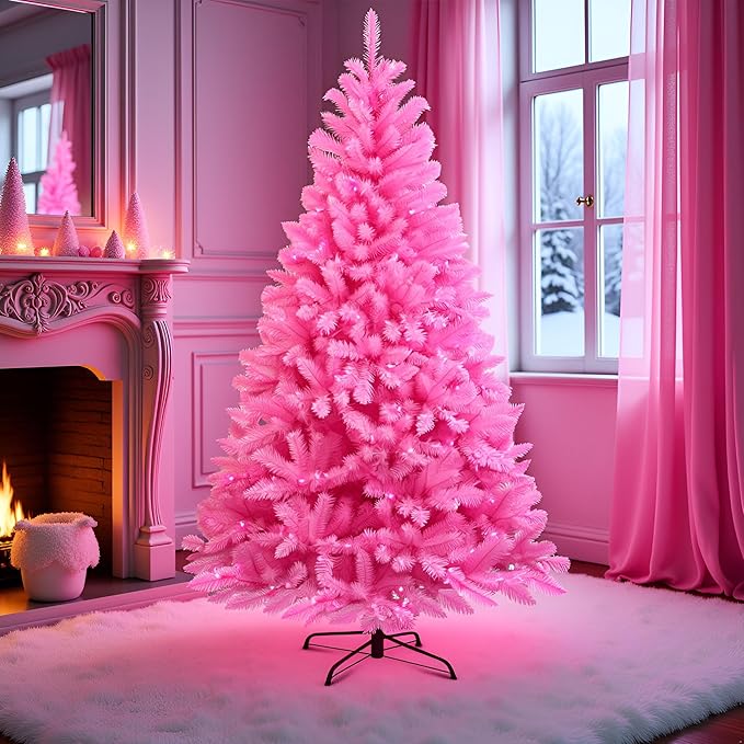 YULETIME 6.5 Feet Pre-Lit Pink Christmas Tree, Artificial Holiday Decorative Tree with UL Listed 300 Pink LED Christmas Lights with Matching Color Wire
