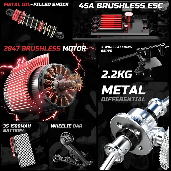 DEERC 1/10 Brushless RC Cars for Adults, 60 KMH 4x4 Off-Road RC Truck, Waterproof Remote Control Monster Truck, High Speed RC Car, All Terrain Remote Control Car for Boys, 2 * 3S Lipo Batteries