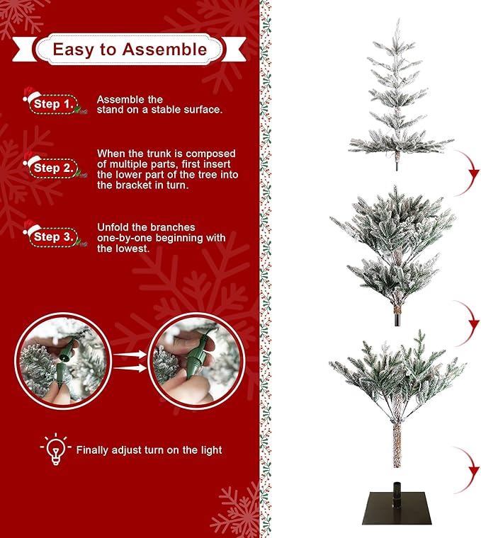 Glitzhome Prelit Christmas Tree, 6ft Flocked Artificial Christmas Tree Serene Snowscape Fir with 300 Warm White Lights for Home, Office, Party Decoration, Metal Hinges & Base, Easy Assembly