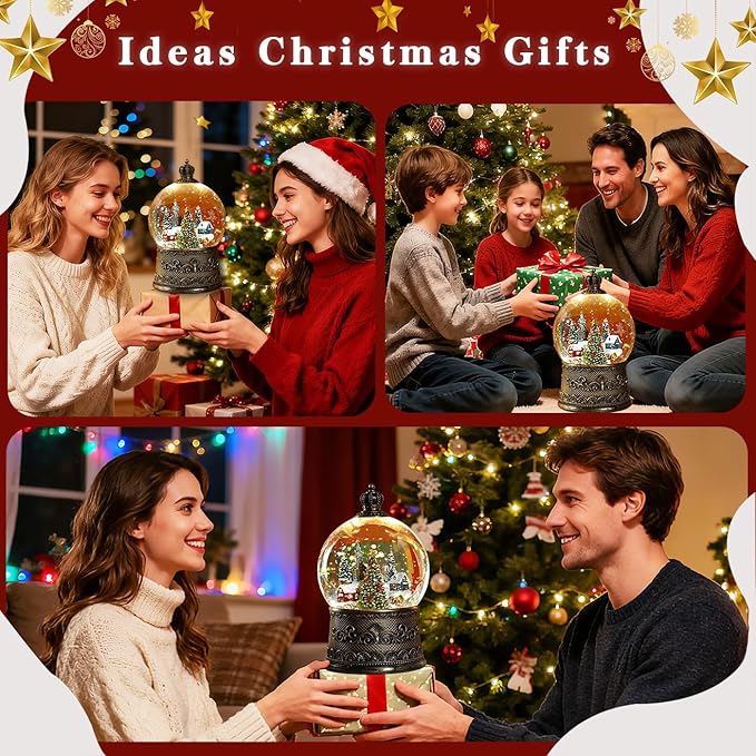 100mm Christmas Snow Globe with Music and Water Feature Christmas Lantern Decorations Snow Village with Large Christmas Tree Dual Power Supply Mode: USB and Battery Powered