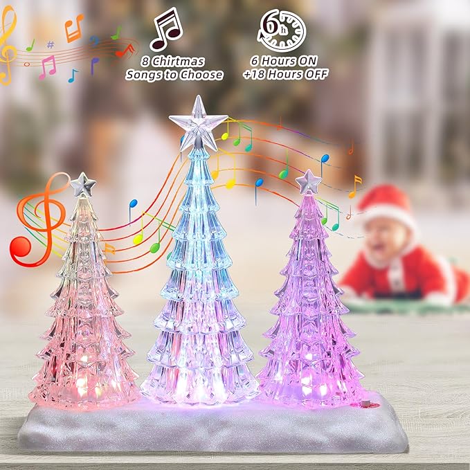 Tabletop Christmas Tree with Light and Music - Battery Operated Crystal Clear Acrylic Christmas Tree Light with 8 Christmas Songs for Tabletop Home Office Holiday Decorations Gift, Multi-Color