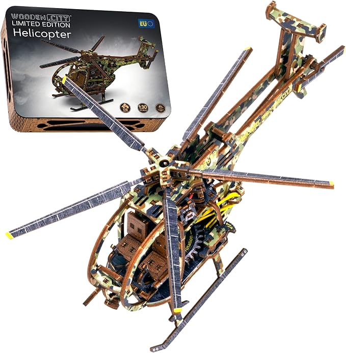 WOODEN.CITY Helicopter LE 3D Puzzles for Adults – Limited Edition Helicopter Kit with Rotating Propeller & 154 Laser-Cut Pieces – Build & Display Rotary Aircraft for Adults & Teens – Wooden Model Gift