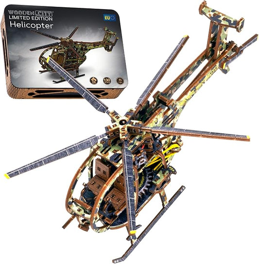 WOODEN.CITY Helicopter LE 3D Puzzles for Adults – Limited Edition Helicopter Kit with Rotating Propeller & 154 Laser-Cut Pieces – Build & Display Rotary Aircraft for Adults & Teens – Wooden Model Gift
