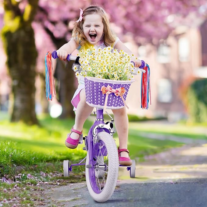 KORIMEFA Girls Bikes Ages 2-4 4-6 6-8 with Training Wheels 12 14 16 Inch, Little Small Kids Princess Toddler Bicycle with Streamers, Pedal Bike with Basket and Doll Seat, Coaster Brake, Birthday Gift
