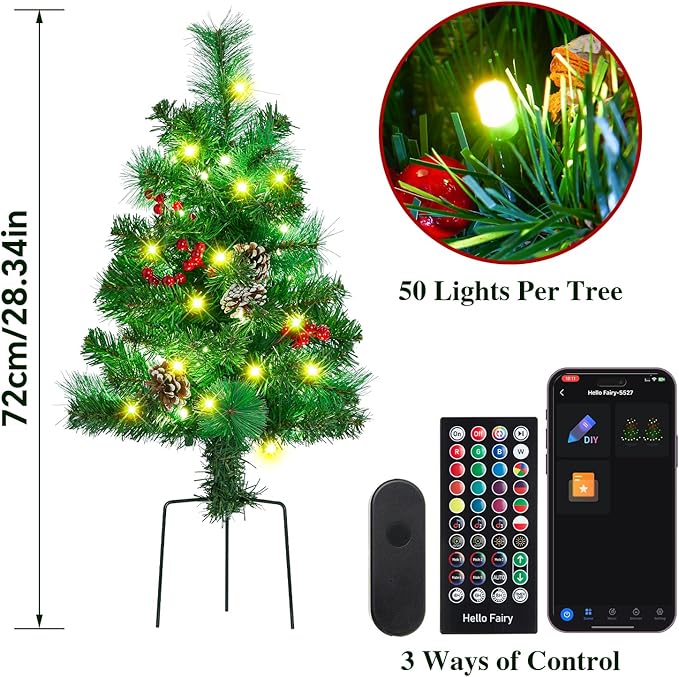2 Pack of 28 INCH Pre-Lit Artificial Pathway Christmas Trees,Outdoor Christmas Tree for Porch,Yard,Driveway,Lighted Christmas Tree with Pine Cones,Red Berries and Red Ornaments Home Decoration