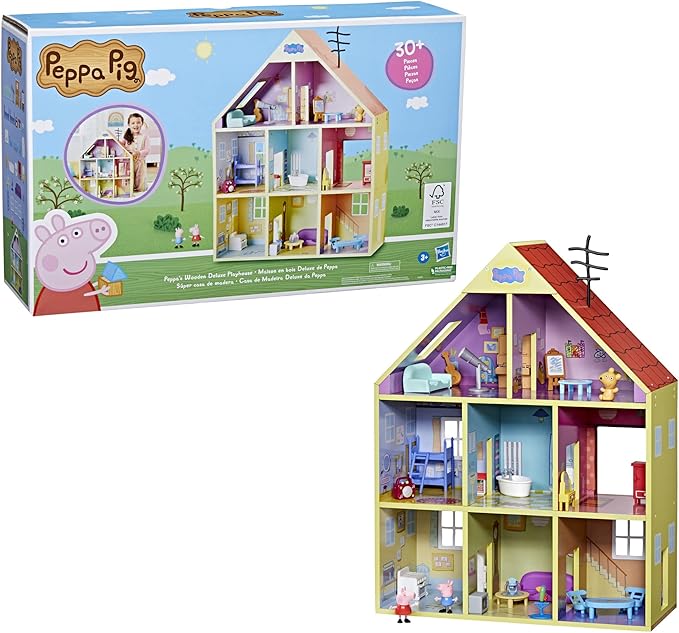 Peppa Pig Wooden Deluxe Playhouse, 8 Rooms, Includes 2 Fun Figures and 29 Accessories, Made of Responsibly Sourced Wood, for Ages 3 and Up (Amazon Exclusive)