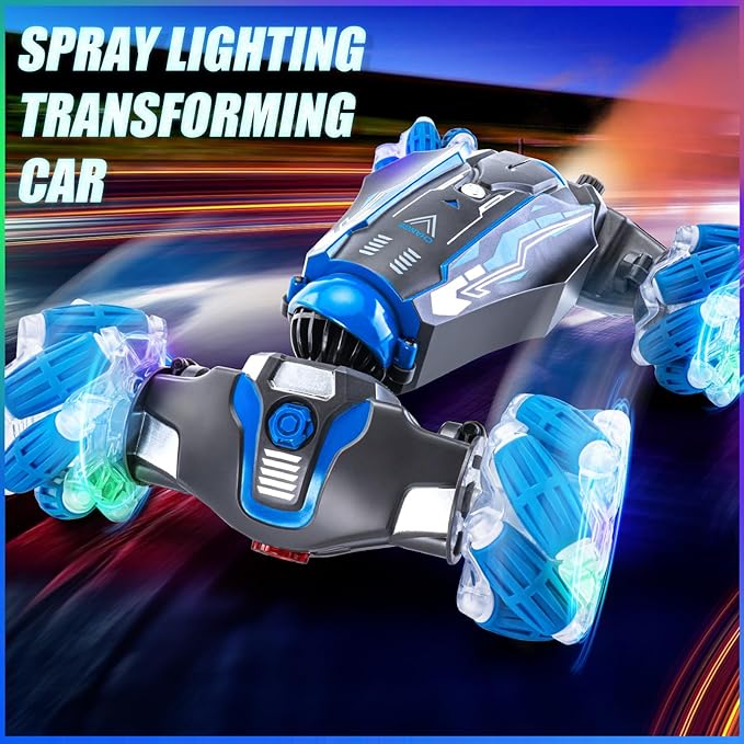 4WD Stunt Car, 2.4 GHz Gesture Sensor RC Cars, Double-Sided Vehicle 360° Flip RC Twist Buggy with Music Spray - Best Christmas and Birthday Present for Boys and Girls Aged 6-12 (Blue)