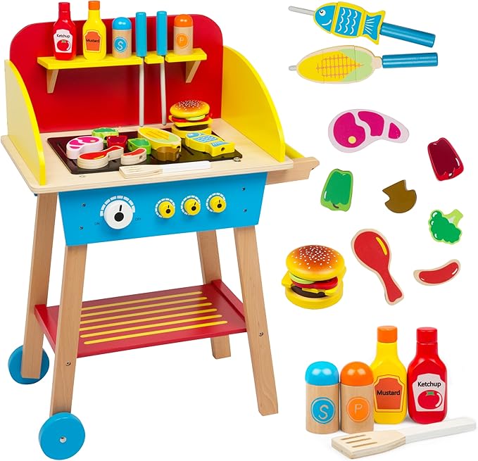 Cook 'N Grill Wooden BBQ Playset- Kids Pretend Play Wood Toy Barbeque w Food, Condiments & Grilling Tools- 30+ Pieces In All - Fun Indoor Outdoor Activity Set for Playrooms, Daycare Centers, Xmas Gift