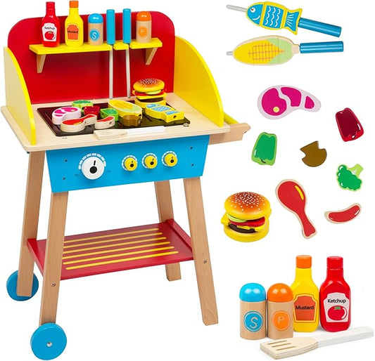 Cook 'N Grill Wooden BBQ Playset- Kids Pretend Play Wood Toy Barbeque w Food, Condiments & Grilling Tools- 30+ Pieces In All - Fun Indoor Outdoor Activity Set for Playrooms, Daycare Centers, Xmas Gift