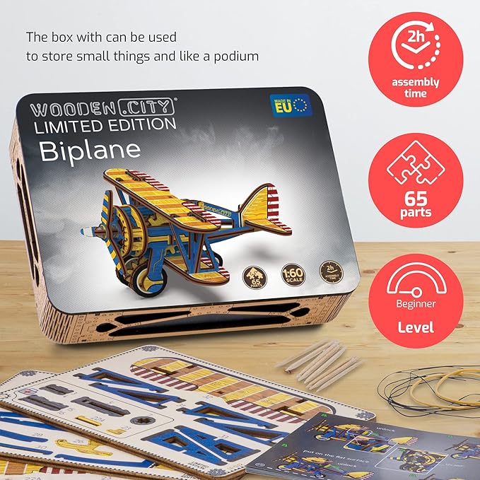 WOODEN.CITY Biplane - 3D Wooden Puzzles for Adults - Aircraft Model Building Kits - Limited Edition