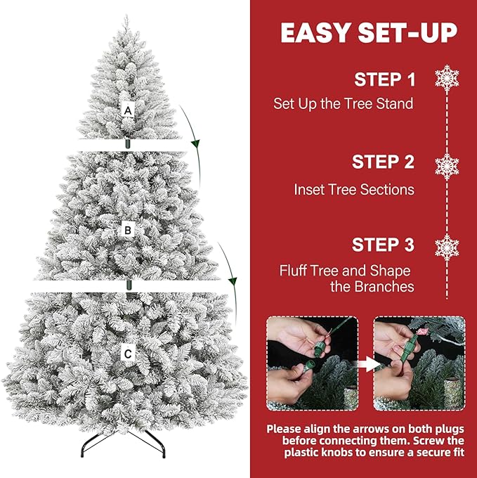 Hykolity 6ft Pre-lit Snow-Flocked Christmas Tree, Artificial Holiday Christmas Tree with 250 Warm White Lights, 1032 Branch Tips, Hinged Design & Metal Base