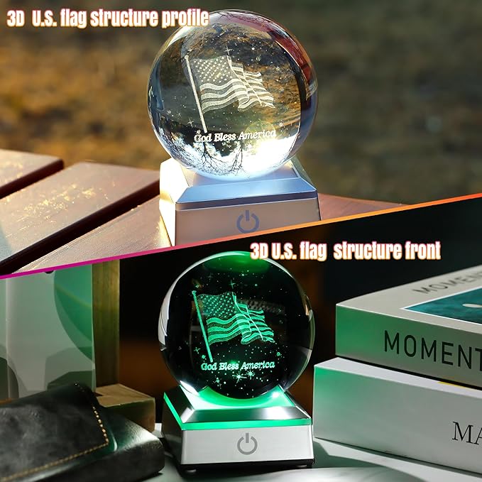 Ornalrist 3D Crystal Ball Engraved American Flag Gifts for Men, Women, Him Father - Crystal Ball Engraved USA Flag & God Bless America Text 3.15in with Colorful LED Light Base Home Decor