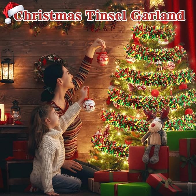 50ft Metallic Twist Tinsel Garland - Shiny Hanging Ornaments for Christmas Tree & Holiday Home Decoration - Red, Green, Gold