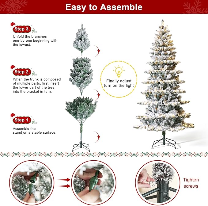 Glitzhome 7.5ft Pre-Lit Flocked Slim Artificial Christmas Tree Frostwood Spruce with 320 Warm White Lights and Sturdy Metal Stand for Home, Office, Party Decoration