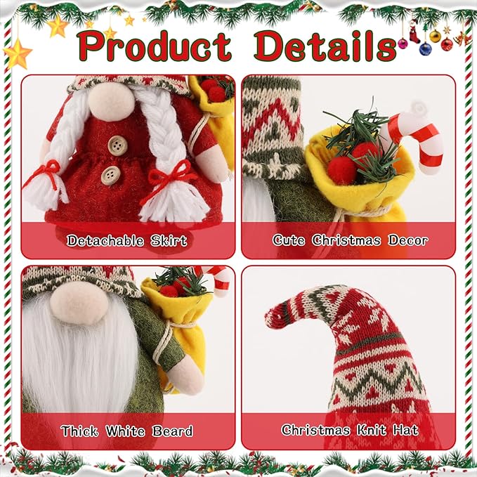 2 Pcs Christmas Gnome Plush Decorations, Xmas Farmhouse Tiered Tray Tree Christmas Decor Gnome Figurines for Xmas Gift Home Decor