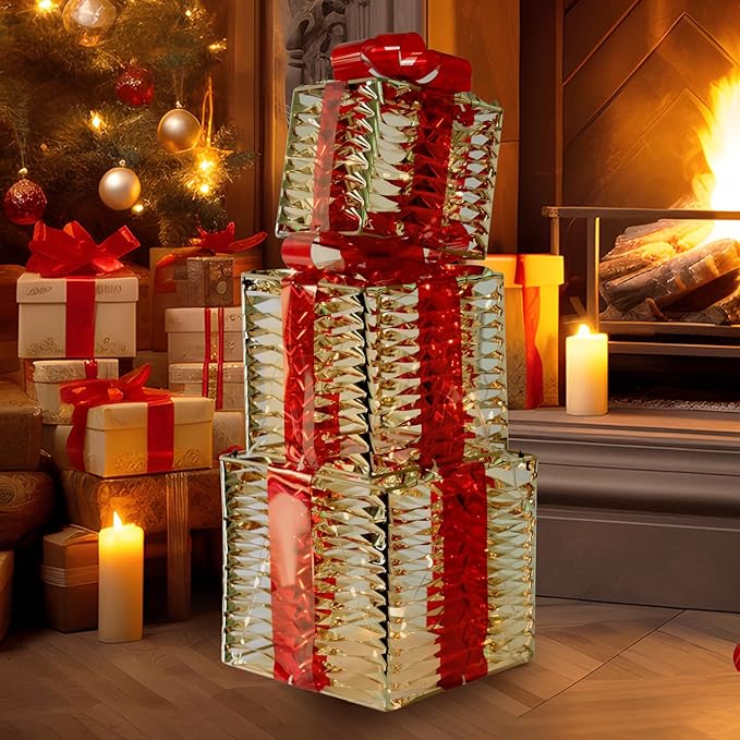 Christmas Light Gift Box Decorations, 3-Piece Set, Pre-Strung Wired Gifts with Bows, Illuminate Christmas Tree Skirt Decorations. Suitable for Indoor and Outdoor Use.（Gold）