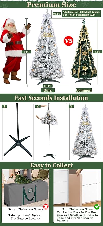 6 Ft Flocked Prelit Pop Up Christmas Tree with Timer & 8 Modes 200 Warm White Lights, Fully Pre-Decorated 80 Gold & Silver Ornaments Collapsible Pull up Xmas Tree with Lights for Indoor Home Decor