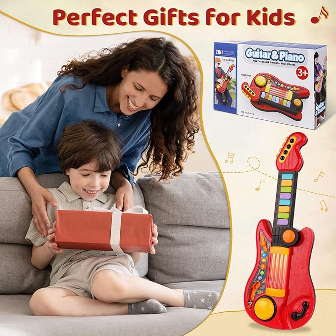 Kids Guitar 2 in 1 Musical Instruments for Kids Piano Toddler Toy Electric Guitars with Strap Music Toys for 3 4 5 Year Old Boys Girls Gifts (Red)