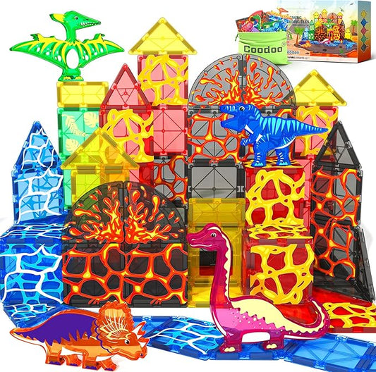 Dinosaur Toys Magnetic Tiles Lava Dinosaur World Set - Magnetic Blocks Building Toys for Kids 3-5 5-7 Girls Boys Toys Age 4-6 6-8, Classroom Must Haves Toddler Sensory Toys for 3+ Year Old Kids Toys